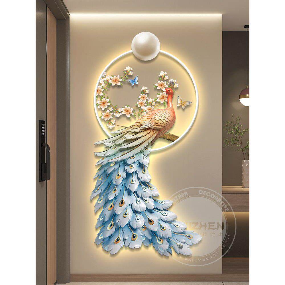 孔雀led带灯入户玄关装饰画走廊过道挂画壁画简约现代高级感大气