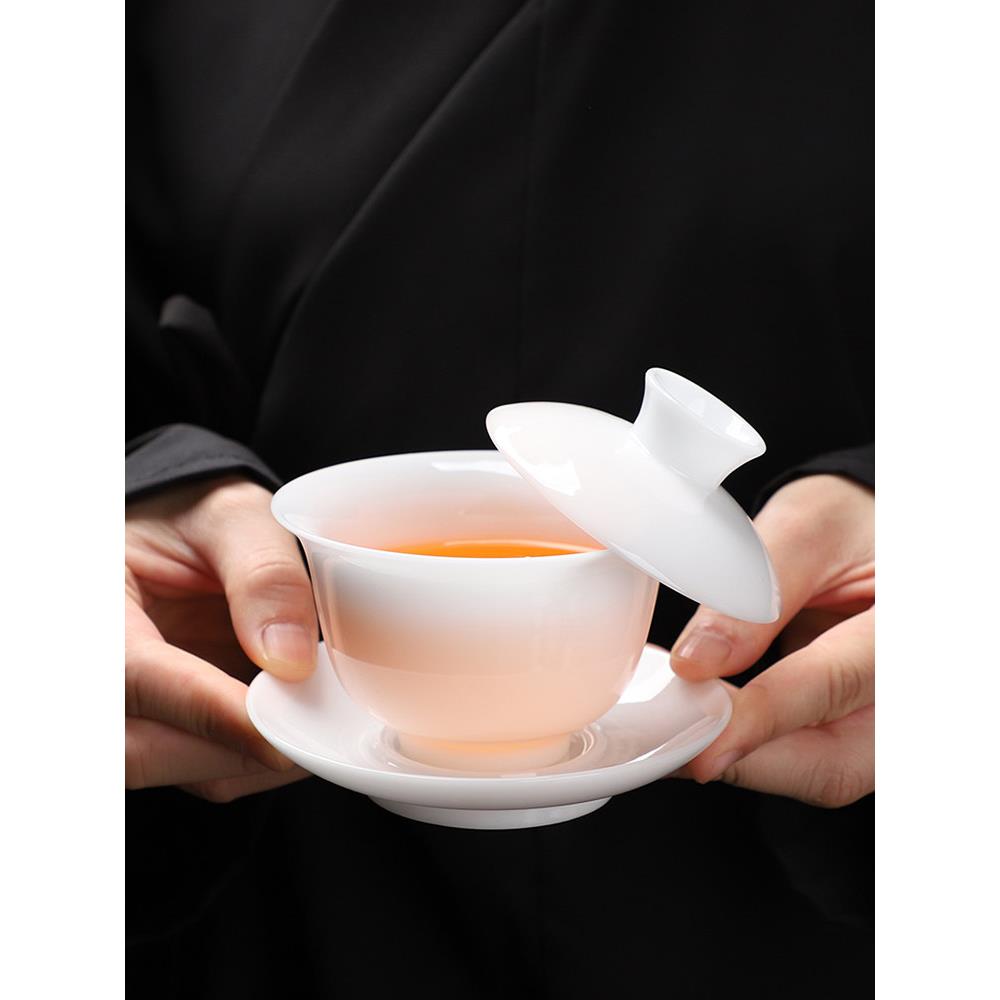 冰种玉瓷三才盖碗可悬停德化白瓷茶杯单个高档茶碗套装家用泡茶碗