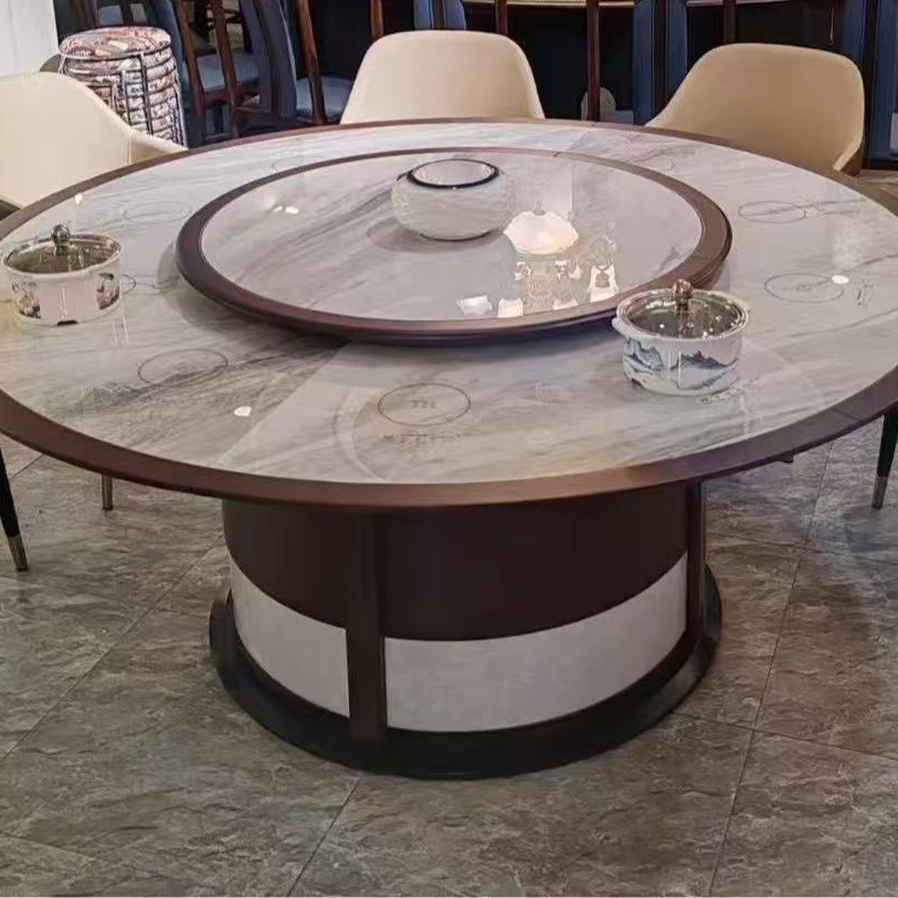 厂家直供HS-28酒店圆桌高级感餐厅带转盘实木镶嵌蓝贝露亮光岩板
