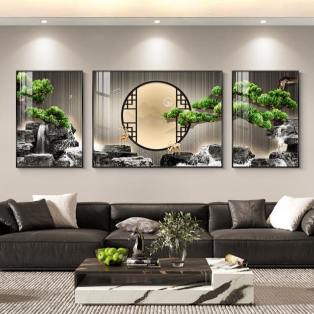 迎客松客厅装饰画新中式禅意茶室背景墙壁画办公室大气山水挂画