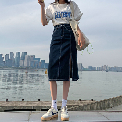 牛仔半身裙女中长款春秋高腰a字小个子开叉包臀长裙子夏2021新款