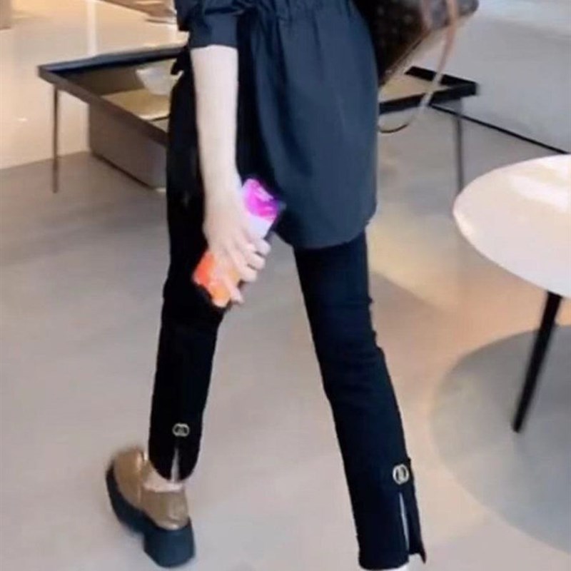 孕妇裤子春d夏季薄款大码黑色九分女小个子直筒开叉外穿烟管牛仔