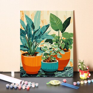 数字油画diy手工填充清新自然绿色盆摘植物装饰画手绘涂色油彩画