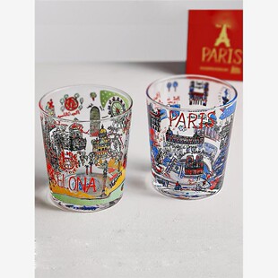 日本水晶玻璃杯英国设计师同款水杯啤酒果汁杯早餐杯插画日式茶杯