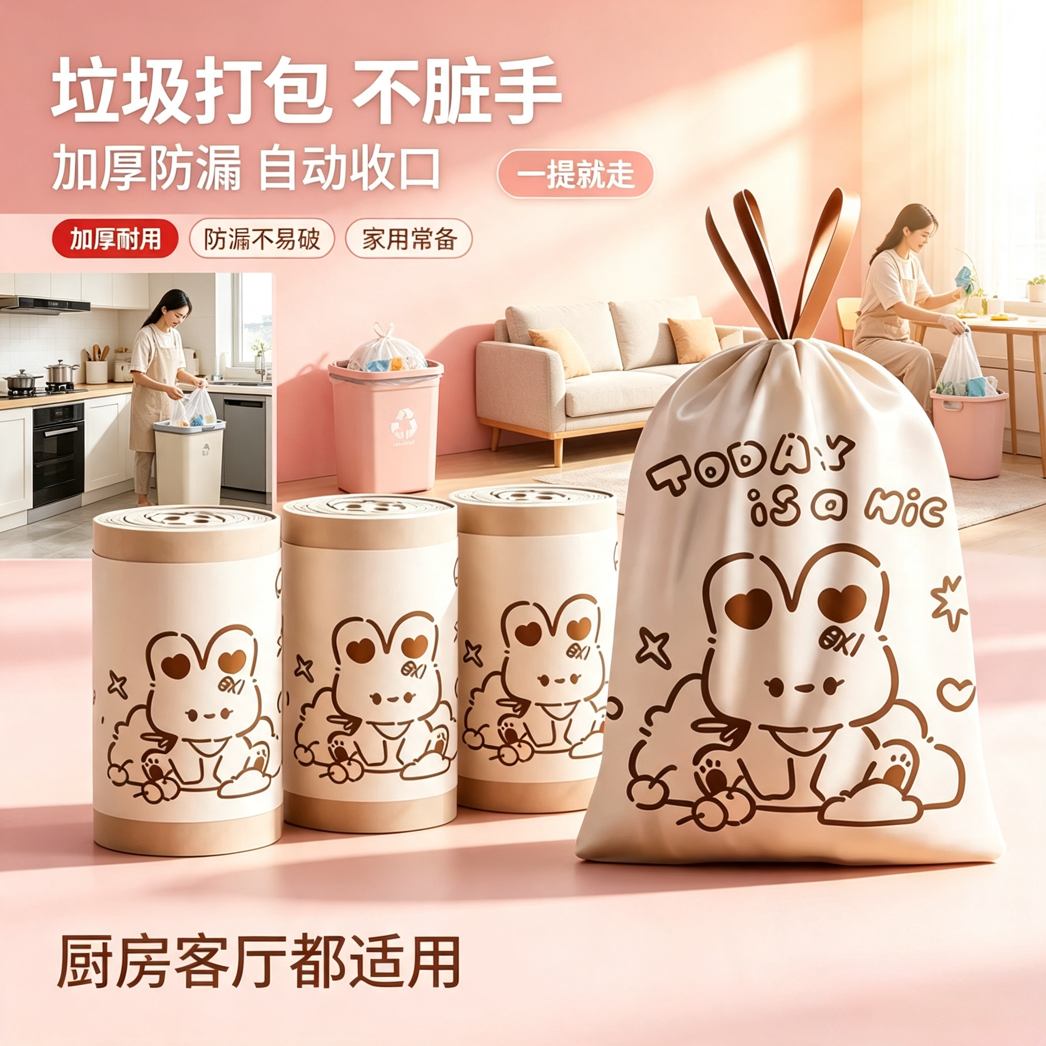 印花可爱垃圾袋新款手提式家用垃圾袋超大容量加厚防漏清洁袋