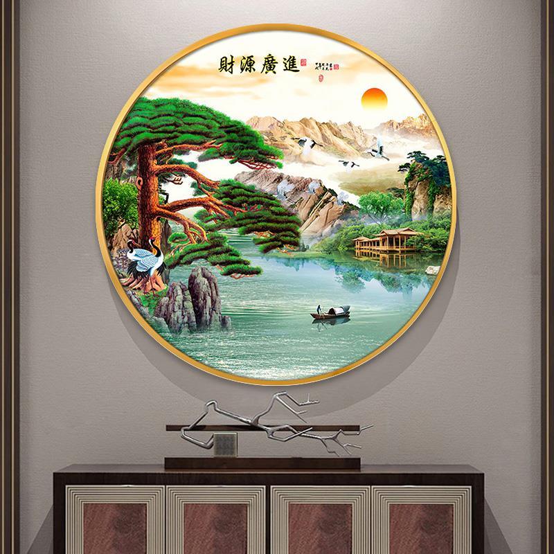 迎客松圆形山水画新中式玄关装饰画客厅风景壁画办公室过道挂画
