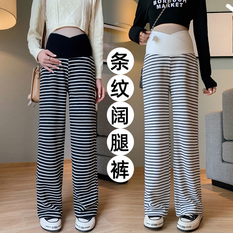 孕妇裤子小个子秋季外穿打底九分条纹低腰阔腿裤休V闲宽松直筒长图片