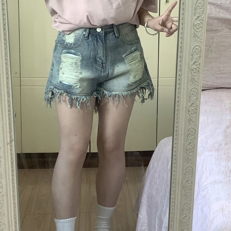 特大码120-300m斤高腰破洞流苏牛仔短裤薄款胖mm复古显瘦百搭热裤