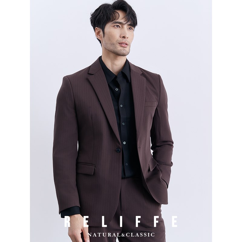 意式平驳领商务休闲条纹西装套装男士抗皱百搭婚礼宴会西服外套