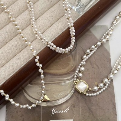 双层贝母珍珠项链女编制复古风花朵爱心吊坠锁骨链女神情人节礼物