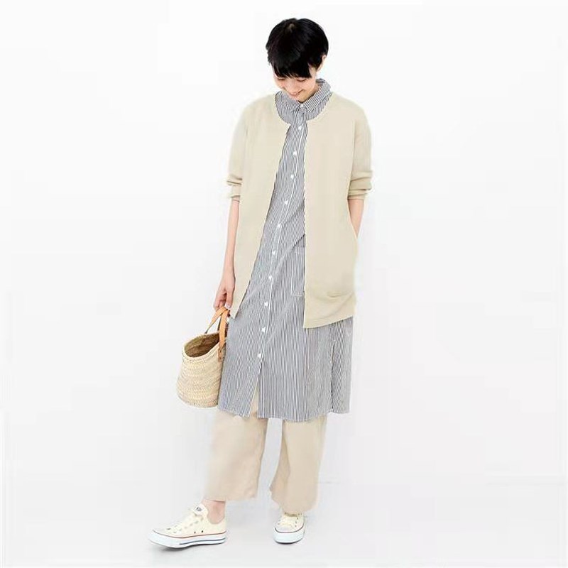 时尚女士中长款无扣开衫卫衣长袖外套W60米白圆领V春秋季小众新款