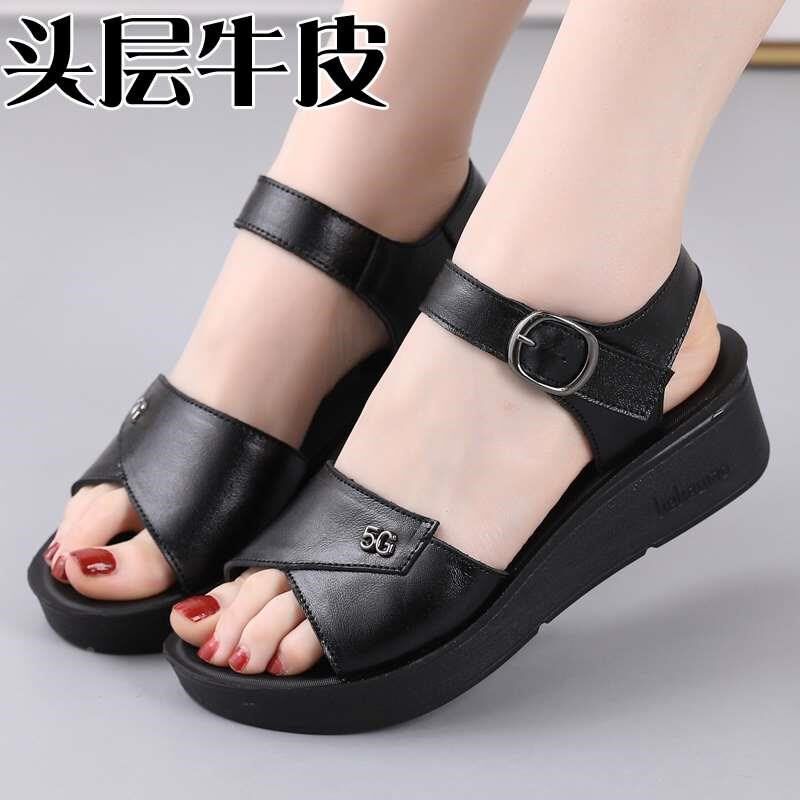 母亲节夏季新款h妈妈凉鞋中年真皮凉鞋防滑女女鞋厚底坡跟软底新