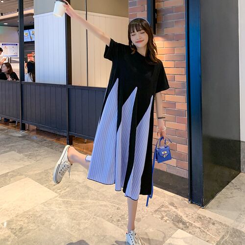 孕妇装夏装时尚设计感拼接条纹短袖连衣裙宽松Q大码显瘦裙子孕妇