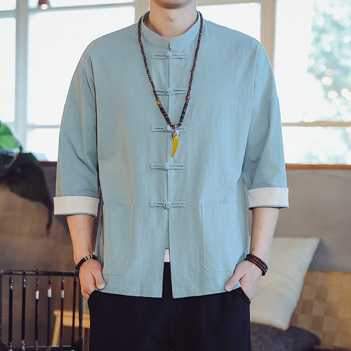 中式立领盘扣唐装衬衫中国风棉麻半袖禅服男宽松大尺码长袖茶服上