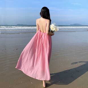 新款三亚海边度假连衣q裙粉色沙滩长裙吊带海滩夏季拍照海岛去适