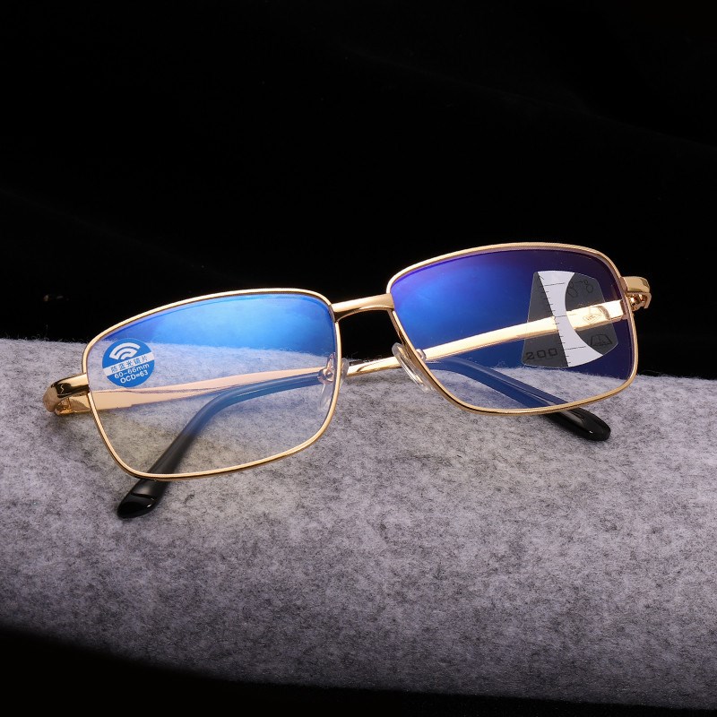 新款大框防蓝光内渐进多焦点老花镜 男士金属框大脸款智能变焦镜