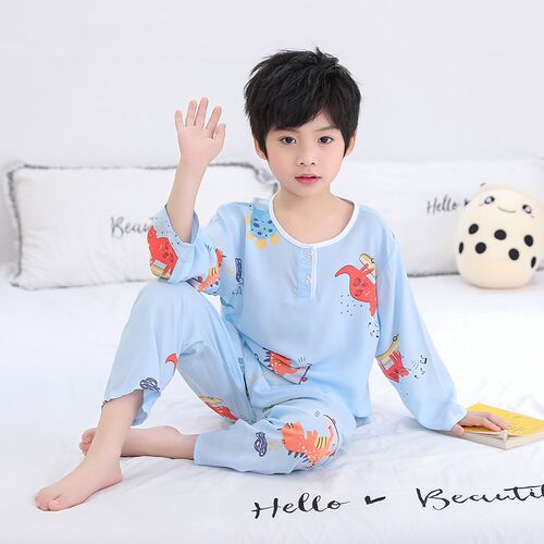 春秋儿童c棉绸睡衣套装夏季绵绸空调服长袖宝宝小孩男孩女童家居