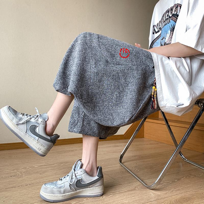 亚麻七分裤男夏季薄款宽松阔腿裤加肥加大休闲短裤中国风棉麻裤子