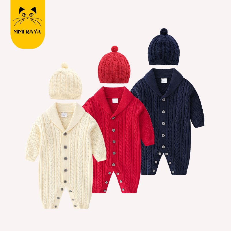 新生婴儿连体毛衣秋冬季男女宝宝针织衫满月周岁外出红色拜年礼服