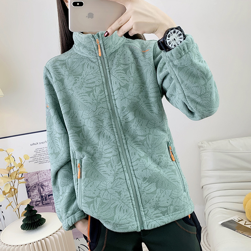 抓绒衣女款加绒加厚摇粒绒迷彩开衫上衣立领O徒步登山保暖卫衣外