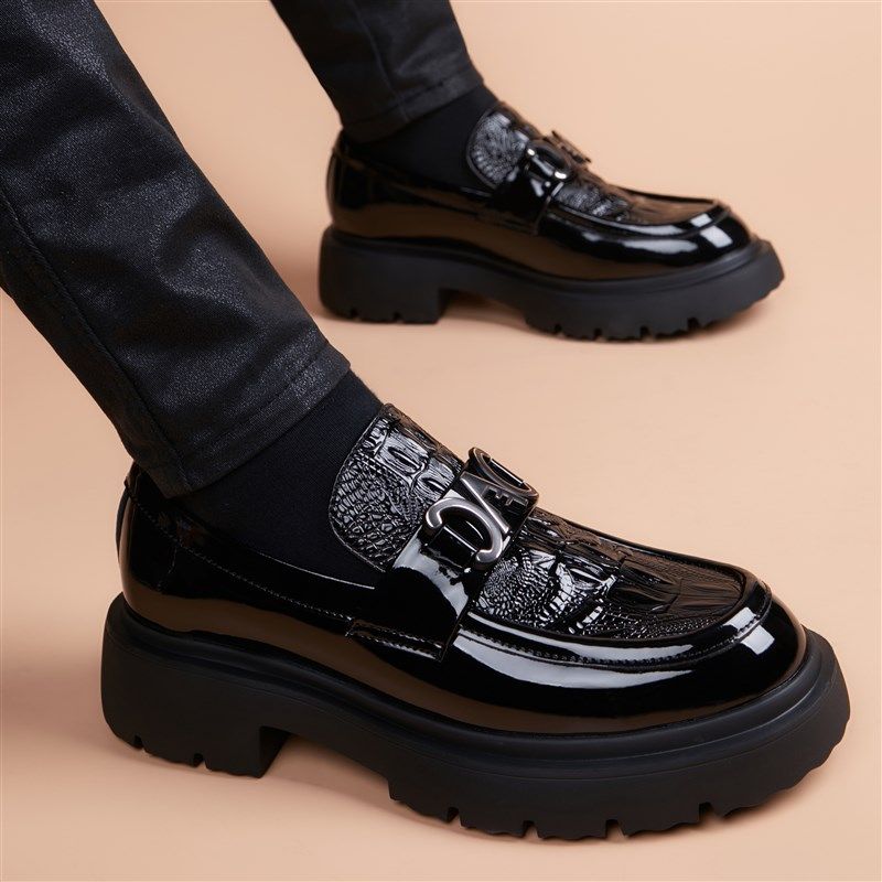 皮鞋男款2025新款商务休闲真皮一脚蹬厚底内增高英伦风高端男鞋潮