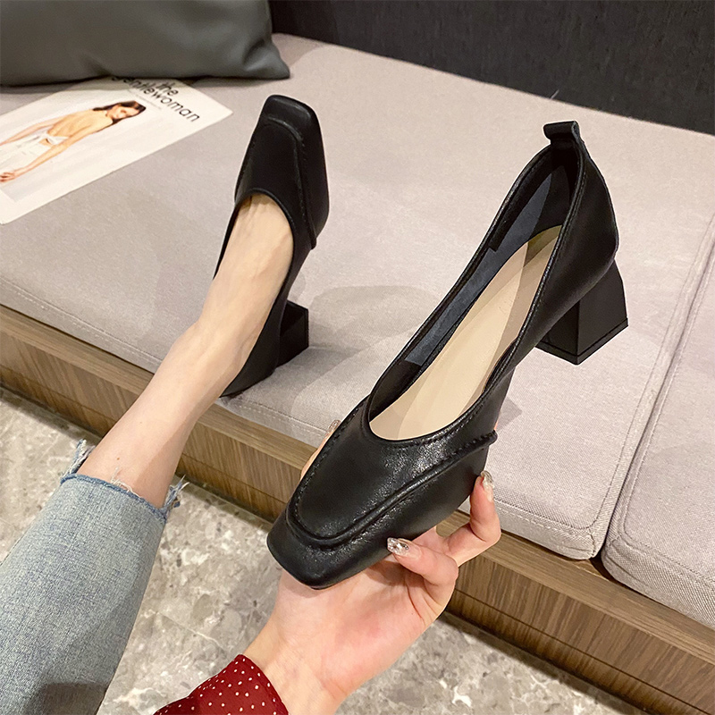 粗跟黑色职业高跟鞋女2022年新款小方头浅口中跟工作单鞋女不累脚