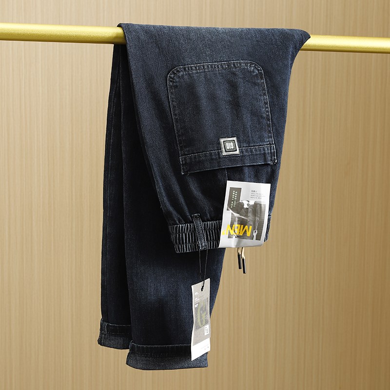 宽松版潮流小直筒抽绳松紧腰柔软牛仔裤男春秋P款时尚弹力休闲长