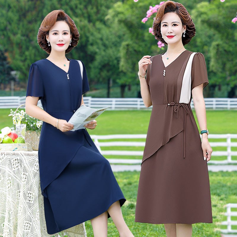 中年妈妈装夏装短袖洋气连衣裙中老年女夏季高贵气质遮肚收腰裙子