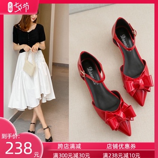 新款 平跟一字带女鞋 包头凉鞋 韩版 子 女尖头红色真皮平底鞋 2021夏季