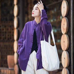 中式紫色盘扣上衣女禅q意佛系茶服亚麻加肥大码太极服复古对襟开