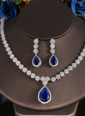 新品超闪花朵微镶锆石项链耳环套装新娘晚礼服配饰宴会饰品
