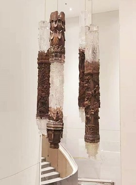 新中式透明实木雕花柱子天花板悬挂吊饰酒店大堂走廊X空中吊饰摆