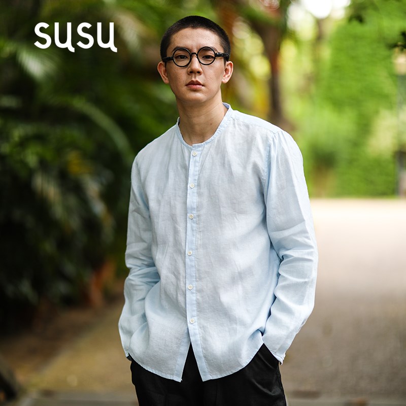 日系亚麻t恤男长袖开衫圆领衬衫C宽松潮薄款春夏季沙滩度假上衣