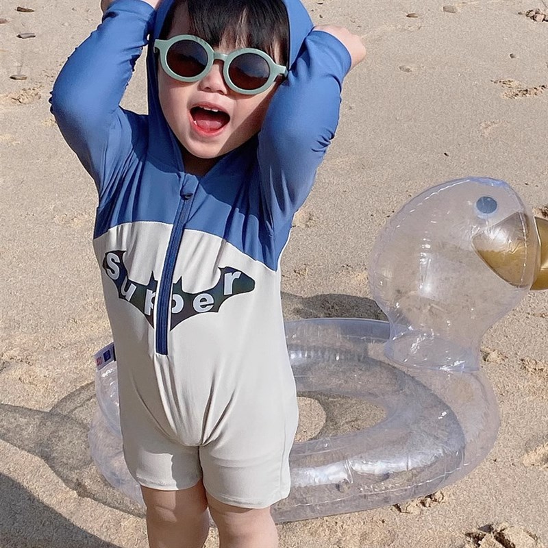 男童可爱连帽长袖防晒连体游泳衣男孩宝宝小童度假泳装儿童泳衣潮