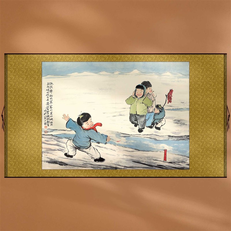 中国画春节过年喜庆装饰画儿童人物新中式背景墙挂画定制艺术微喷