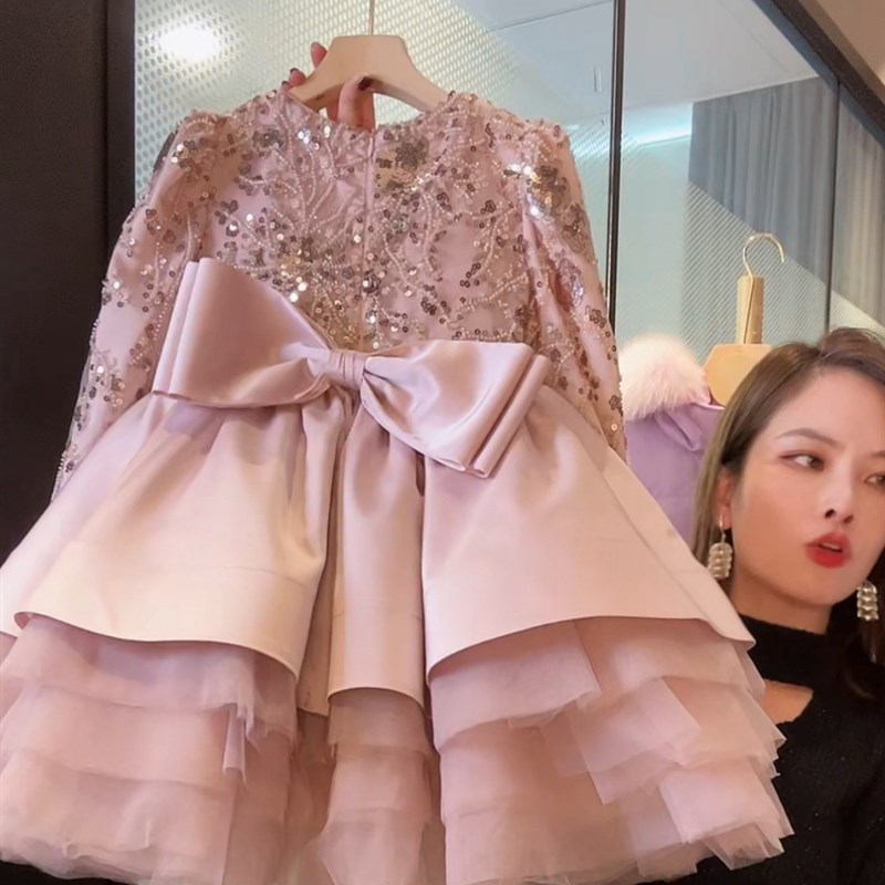 女童加绒连衣裙2024冬季新款女孩高端礼服裙亮片蛋糕裙新年装纱裙
