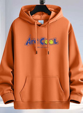 青少年橙色卫衣男连帽秋冬款加绒加厚纯棉宽松纯棉情侣帽衫春秋装