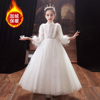 儿童礼服公主裙女童白色加绒花童主持人钢琴演出服演奏Y长袖秋冬