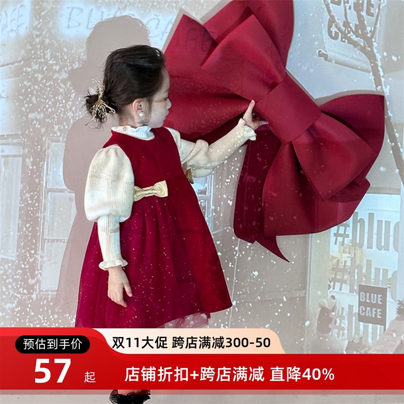 女童红色连衣裙2024新款冬装宝宝加绒背心裙儿童洋气公主裙新年装