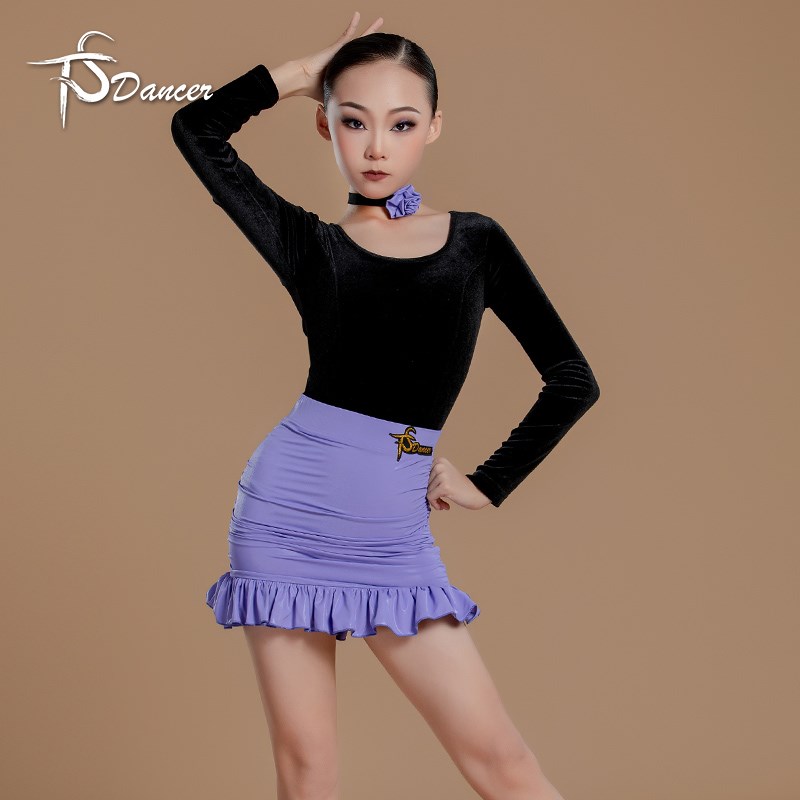 新款拉丁舞服女童练功训练服丝绒儿童长袖舞蹈裙比赛演出服装冬季