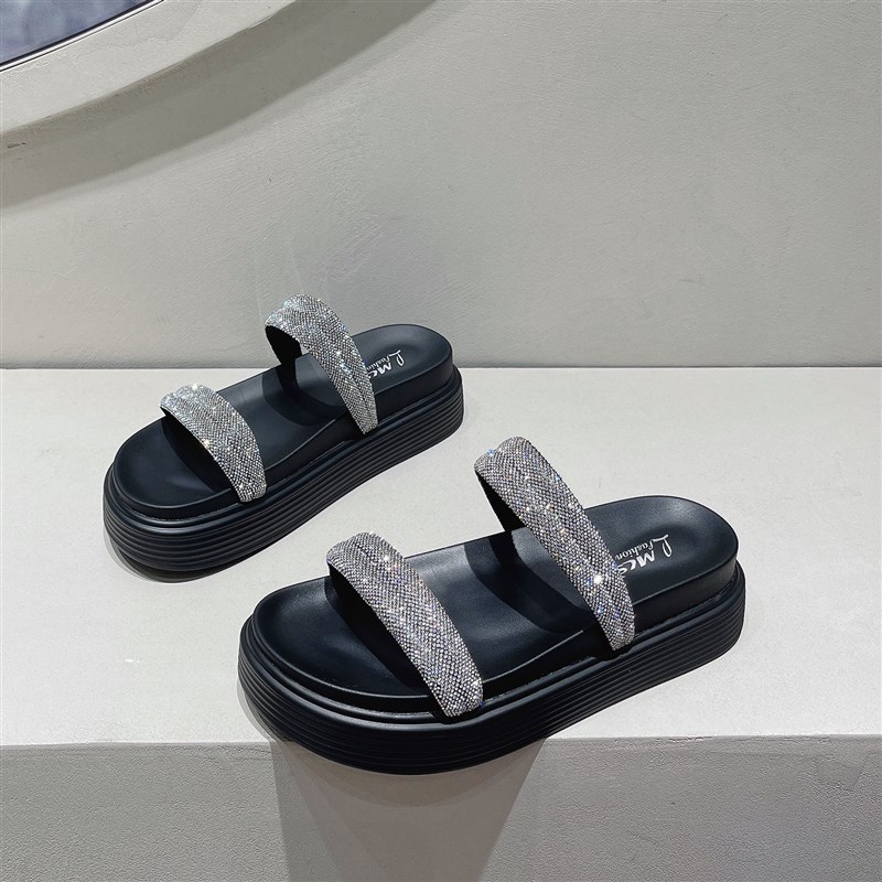 水钻厚底拖鞋女2024新款夏外穿时尚配裙子增高软底沙滩法式小凉拖