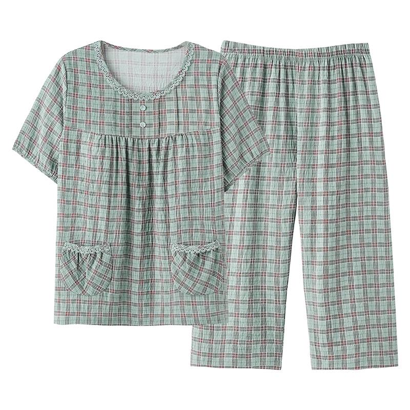 带胸垫睡衣女夏季短袖七分裤云朵棉绵绸中年妈妈女士可外穿家居服