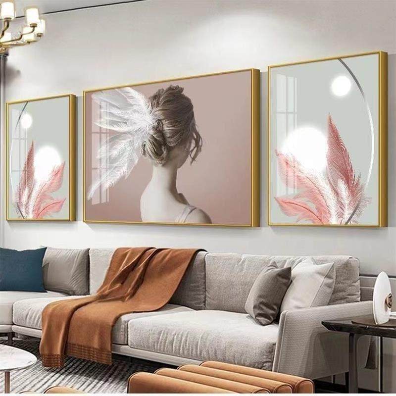 新款客厅装饰画北欧沙发背景墙三联挂画高端晶瓷有框画免打孔壁画