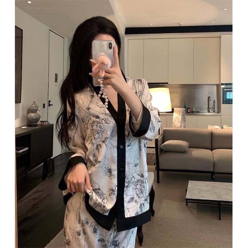 国风高级感水墨轻奢春季冰丝家居服新中式睡衣女 显瘦气质家居服
