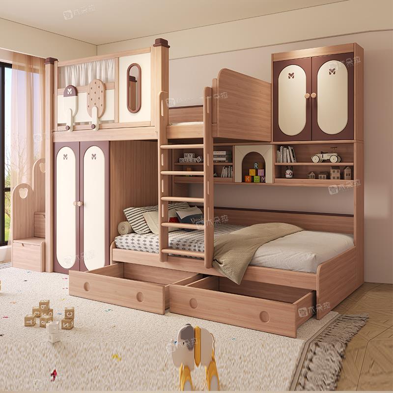 错位型上下床交错式上下铺儿童床高低床多功能组合床带衣柜全实木