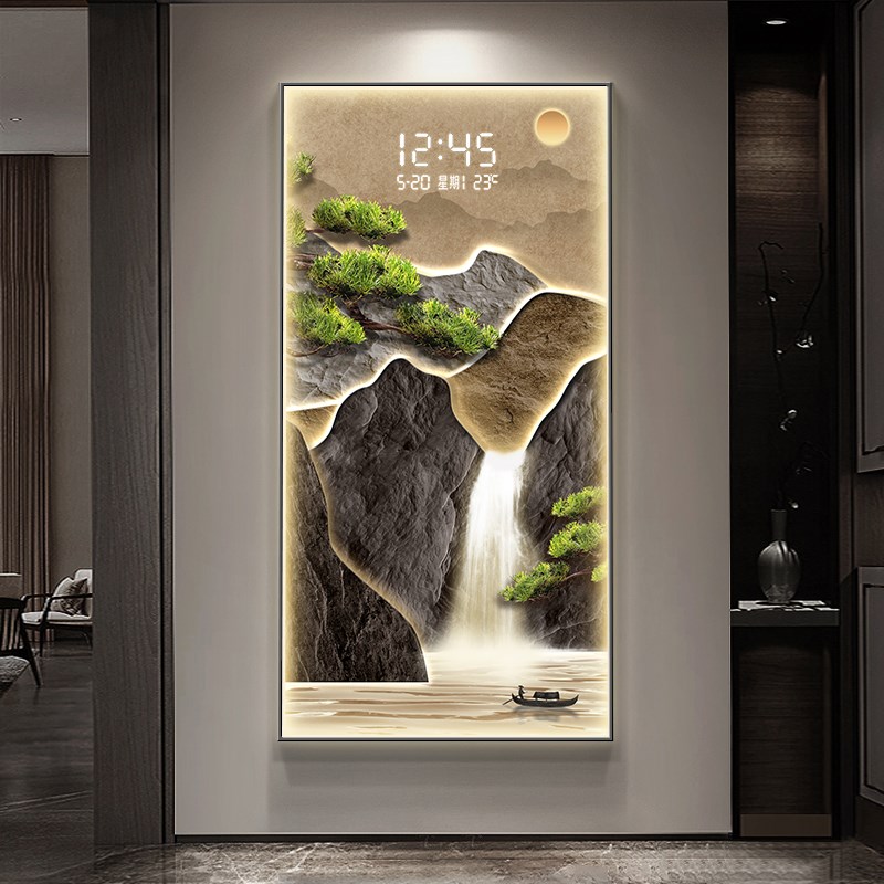 流水生财玄关装饰画电子屏钟表创意时钟壁灯入户走廊尽头山水挂画
