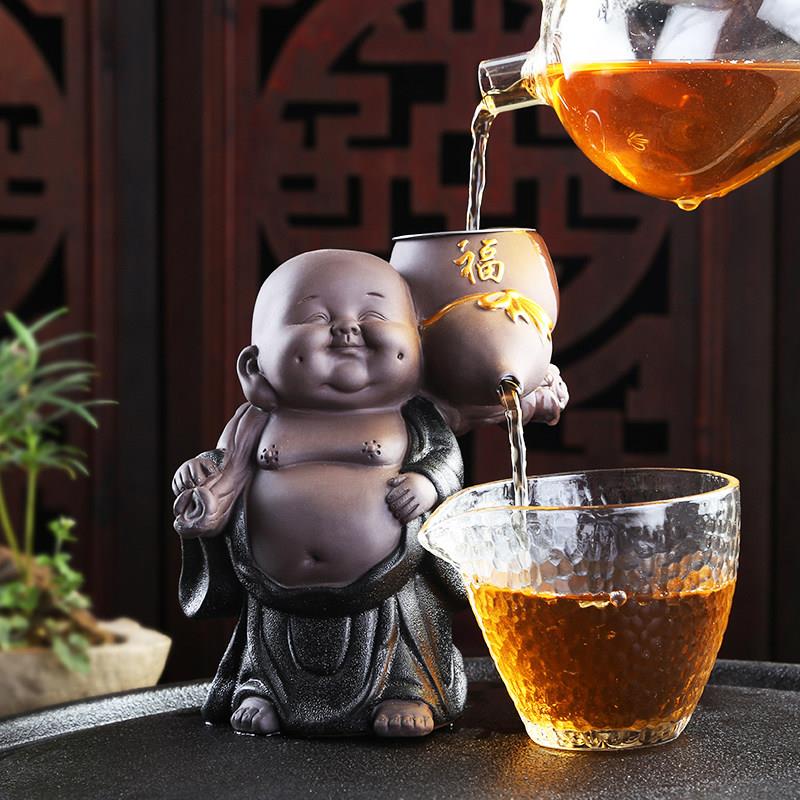精品创意紫砂弥勒佛茶漏过滤茶架功夫茶具茶道配件小和尚茶宠摆件