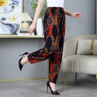 女中老年妈妈哈伦裤 棉麻长花裤 薄款 休闲直筒大码 子 垂感沙滩裤 夏季