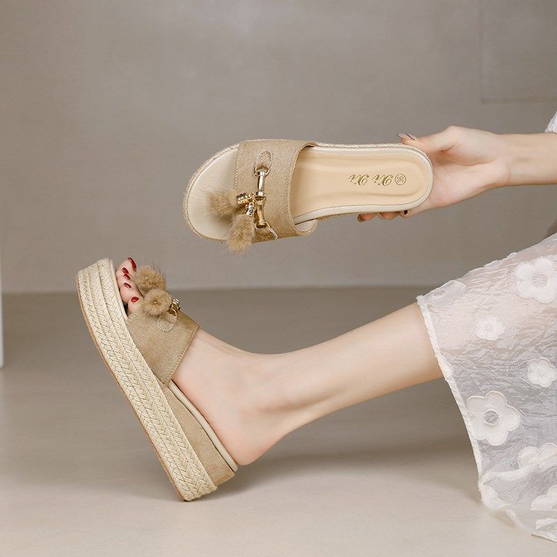 舒适坡跟拖鞋女2025夏季新款韩版厚底增高鞋马毛草编平底一字凉拖,女鞋,一字拖,淘宝优惠券,粉丝福利购,淘宝优惠卷