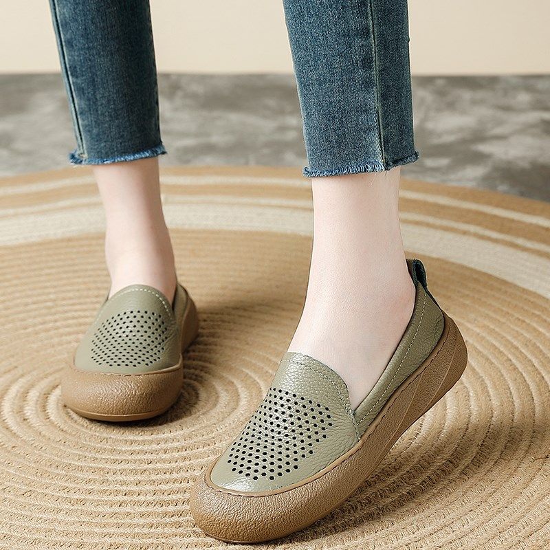 真牛皮夏季新款轻便厚底单鞋休闲妈妈鞋镂空女士皮鞋中老年洞洞鞋,女鞋,洞洞鞋,淘宝优惠券,粉丝福利购,淘宝优惠卷